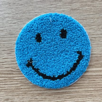 large chenille smiley face patch blue