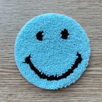 large chenille smiley face patch light blue