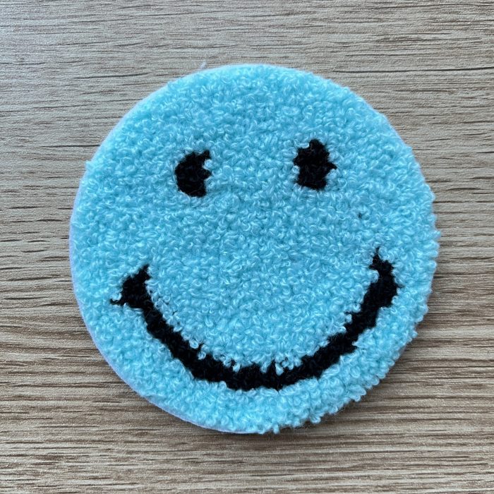 large chenille smiley face patch light blue