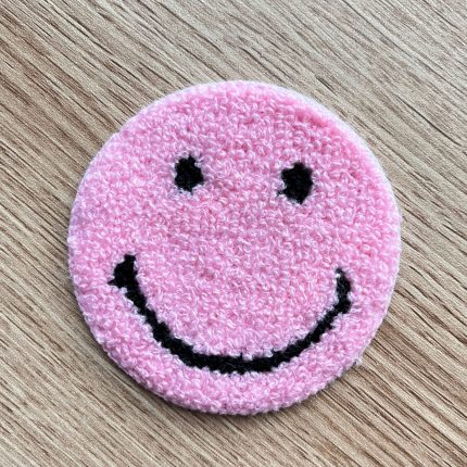 large chenille smiley face patch pink