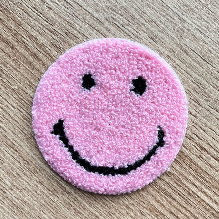 large chenille smiley face patch pink