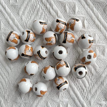 papillon dog print wood beads