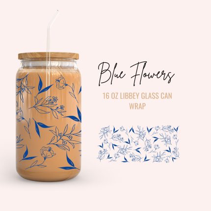 Blue Flowers 16Oz UV DTF Cup Wraps