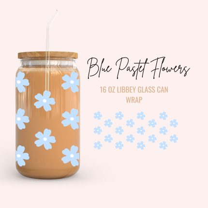 Blue Pastel Flowers 16oz UV DTF cup wrap