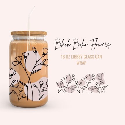 Boho Black Flowers 16Oz cup wrap