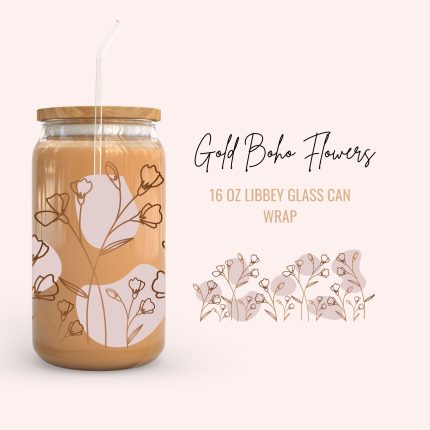 Boho Gold Flowers 16Oz uv dtf cup wrap