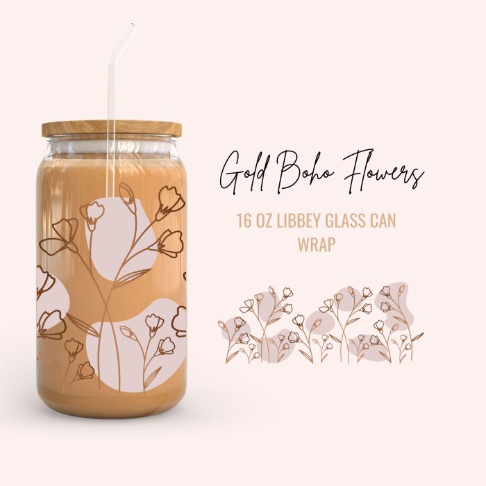 Boho Gold Flowers 16Oz uv dtf cup wrap